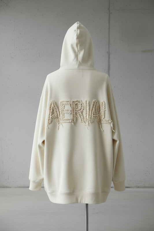 Back view of Aerial hoodie with scruffy ruffled AERIAL logo