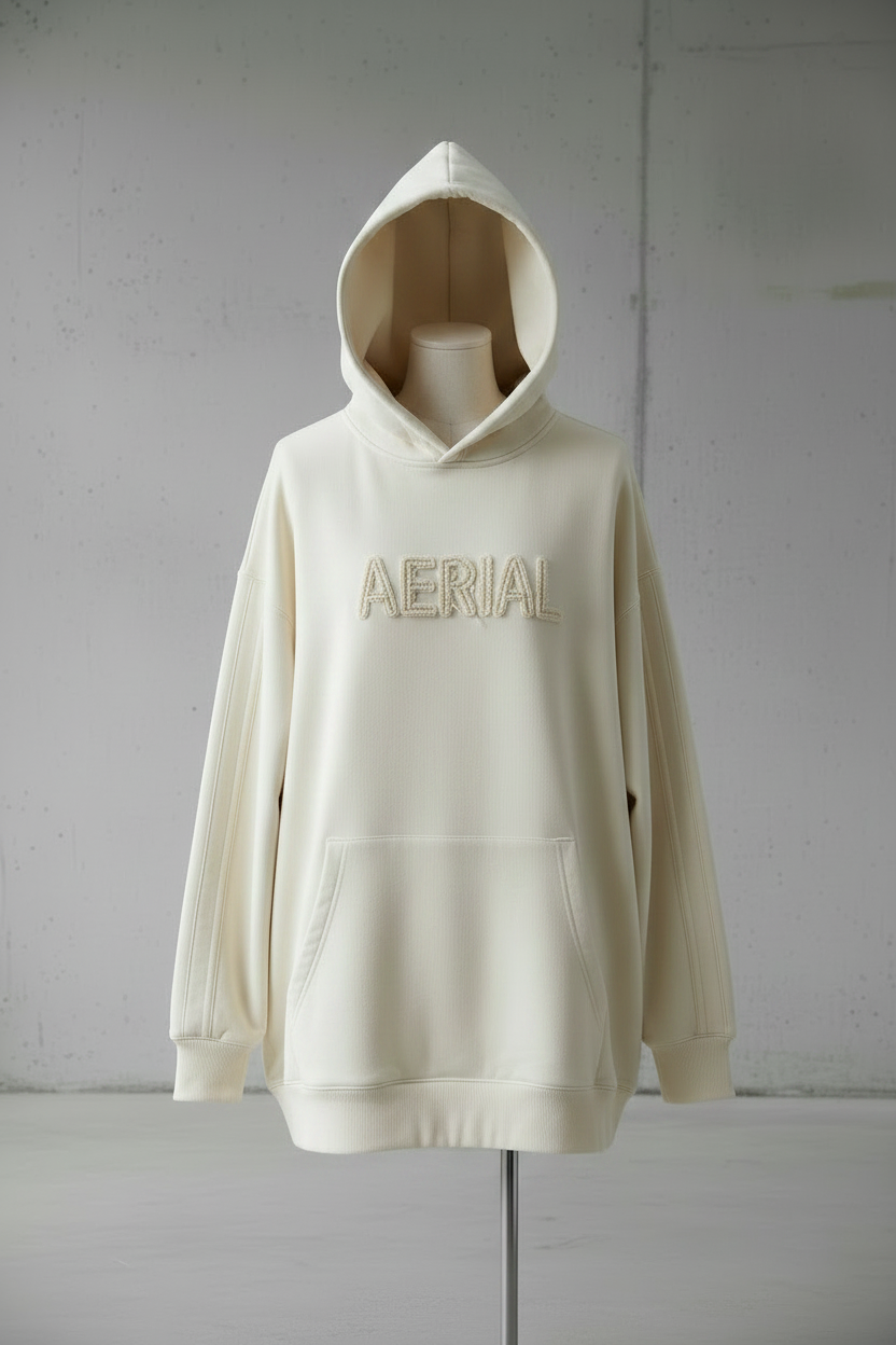 Front view of Aerial hoodie with racing stripes and chest embroidery